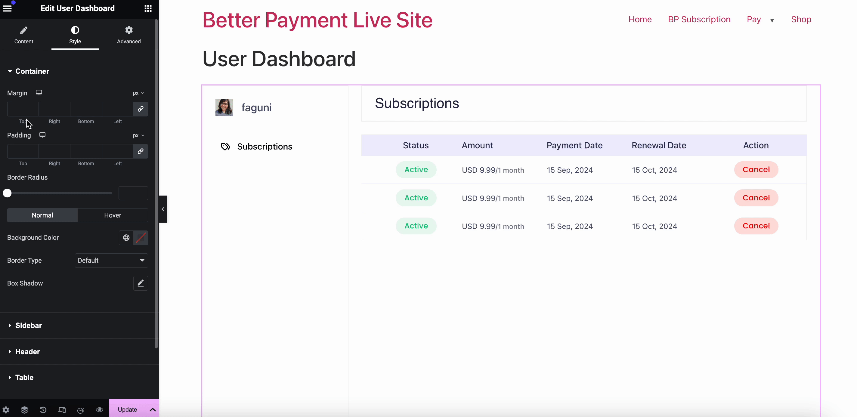 BP User Dashboard & Cancel Subscriptions