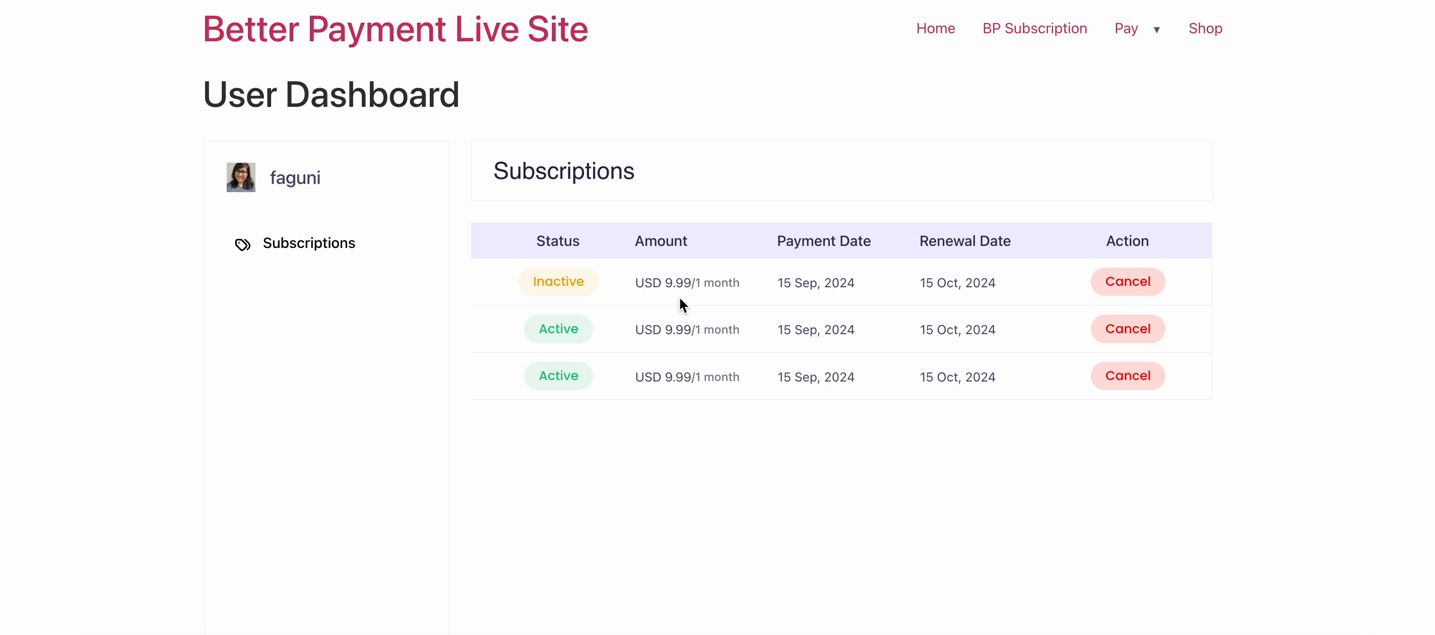 BP User Dashboard & Cancel Subscriptions