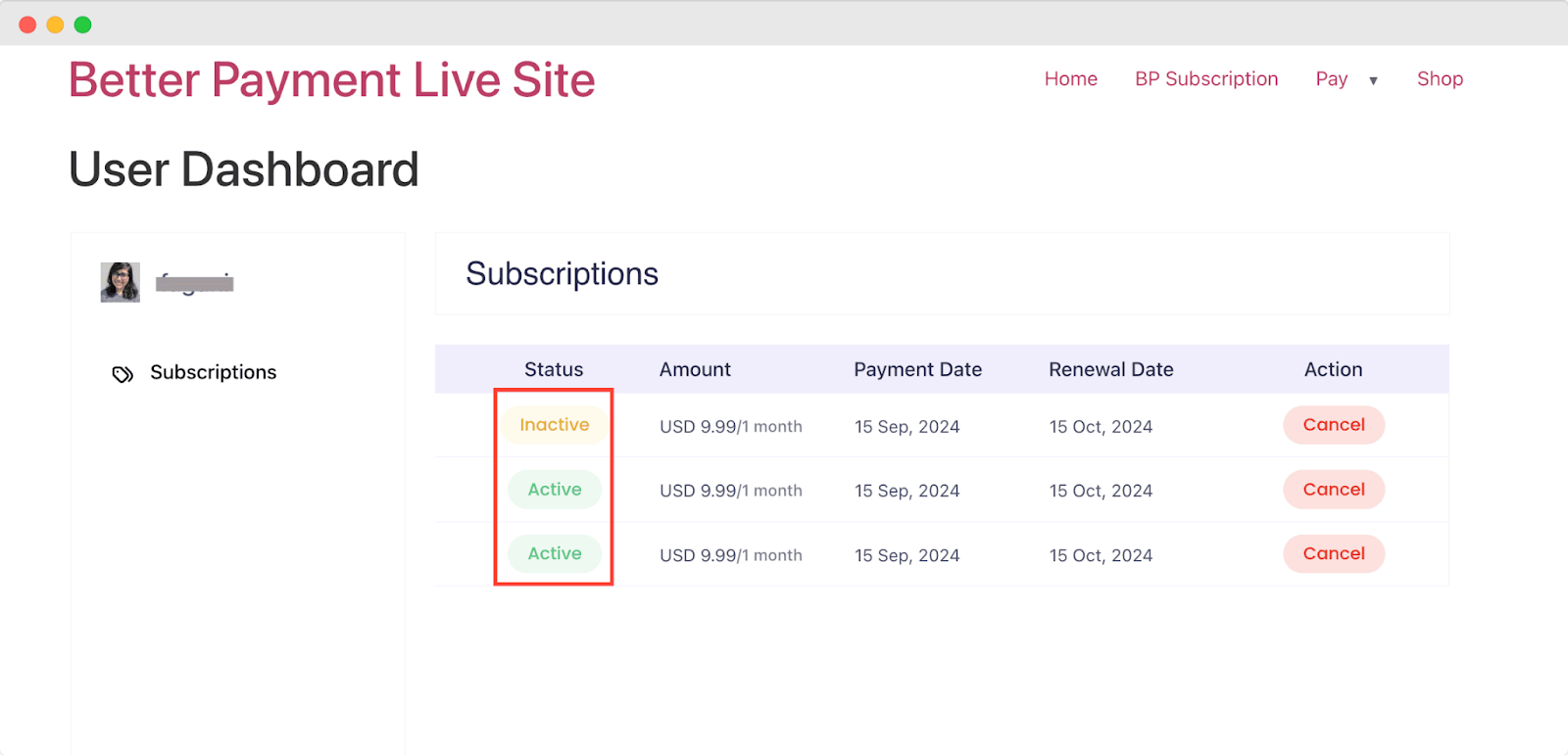 BP User Dashboard & Cancel Subscriptions