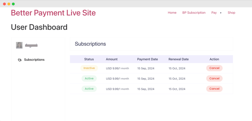 BP User Dashboard & Cancel Subscriptions