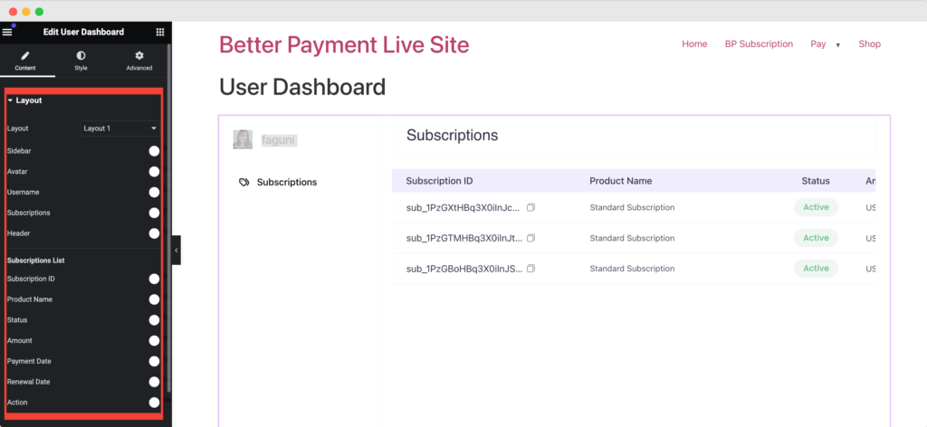 BP User Dashboard & Cancel Subscriptions