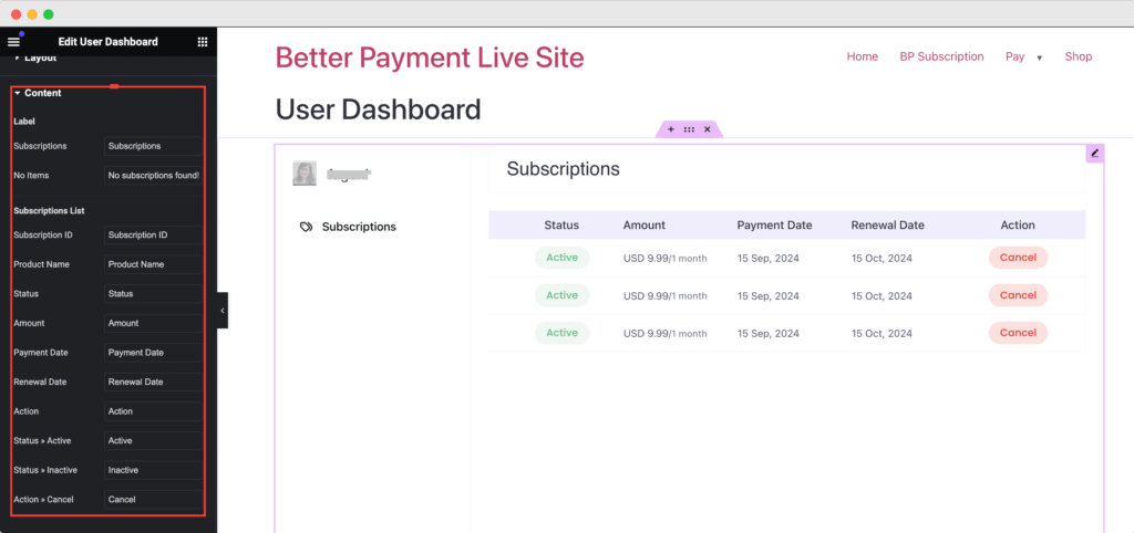 BP User Dashboard & Cancel Subscriptions