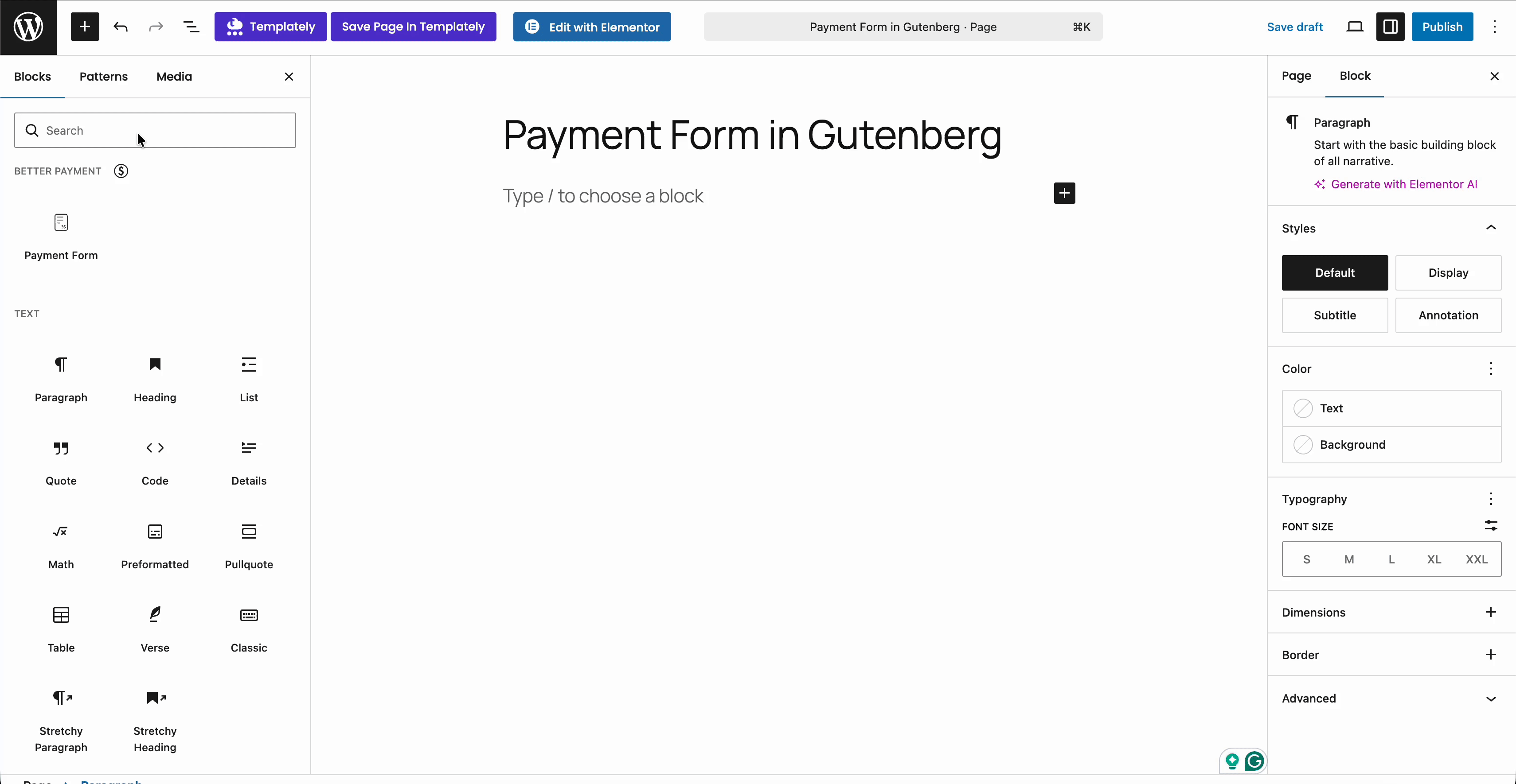 payment form in gutenberg