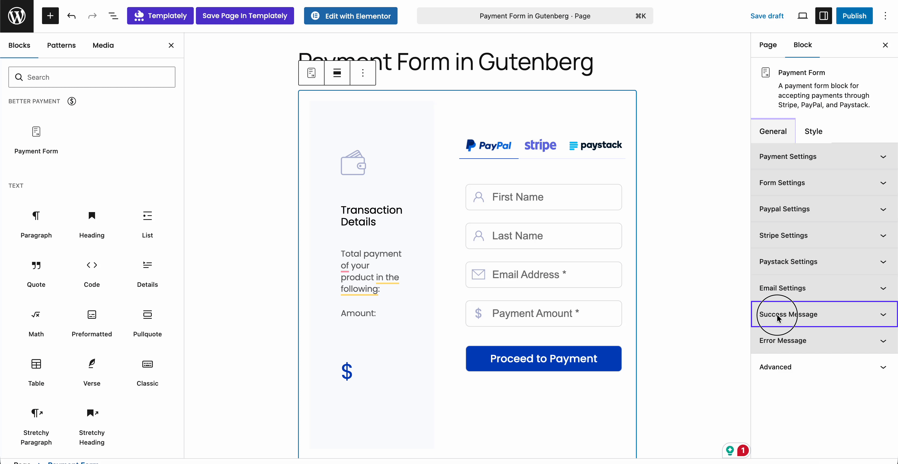payment form in gutenberg