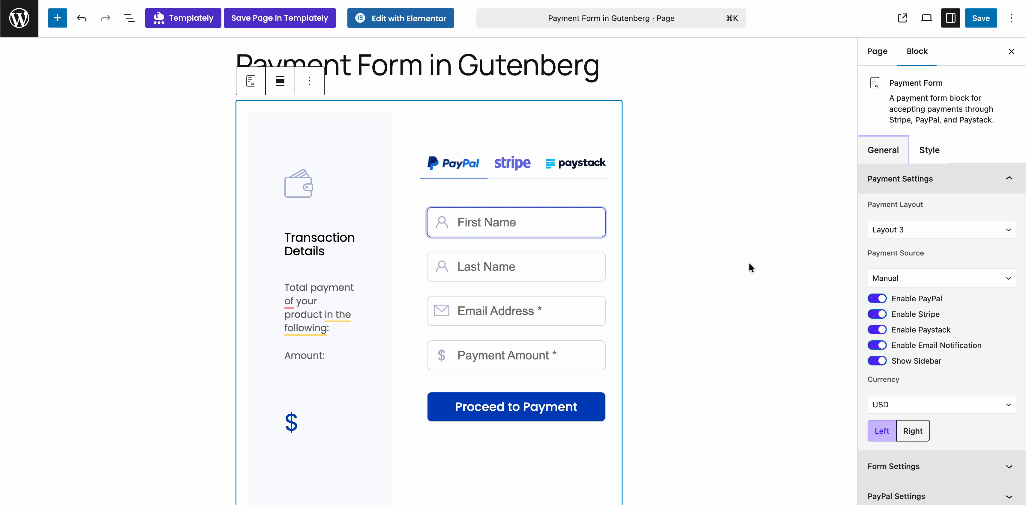 style payment form in gutenberg