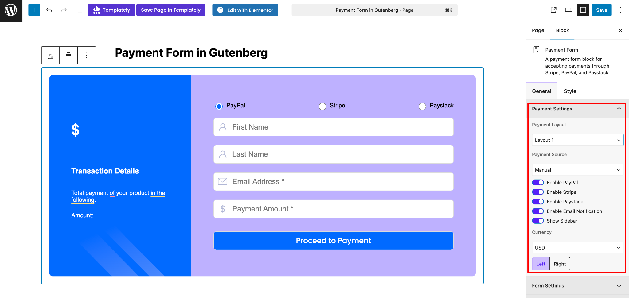 Gutenberg payment form block