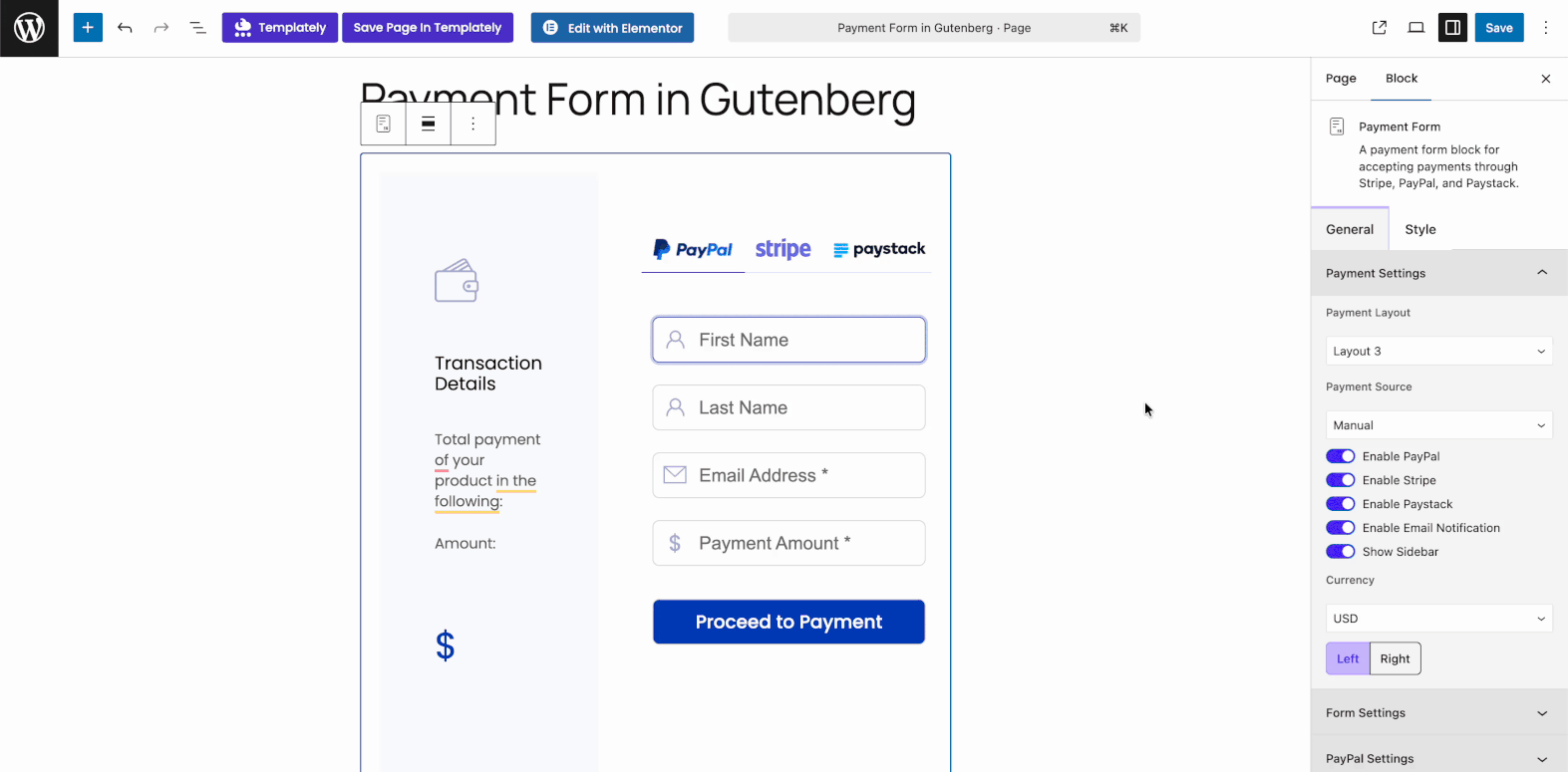 Gutenberg payment form