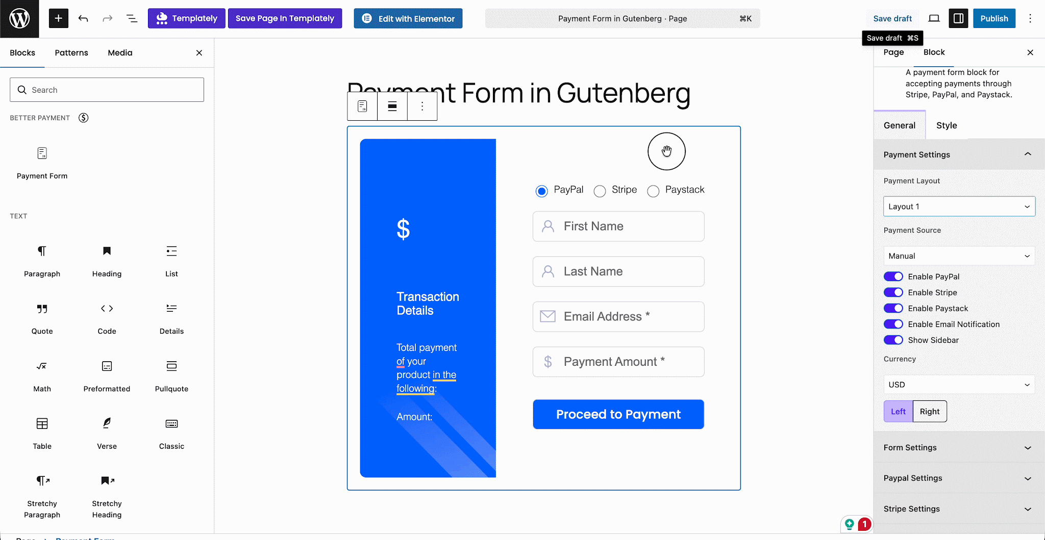Gutenberg payment form