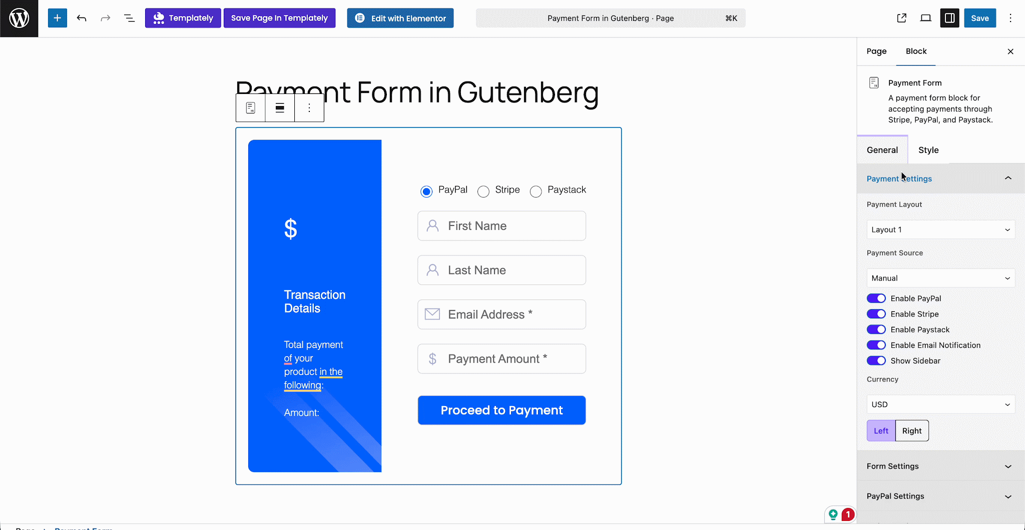 Gutenberg payment form