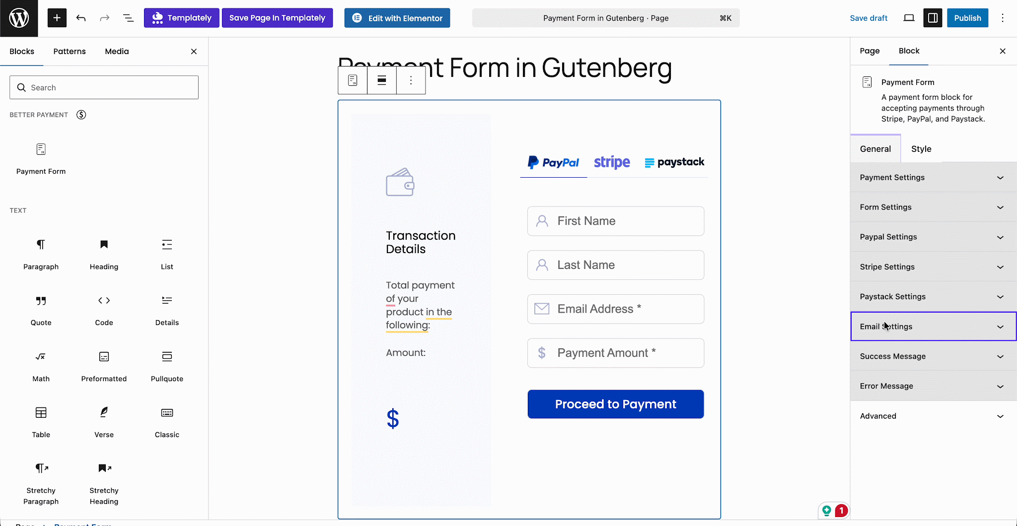 Gutenberg payment form