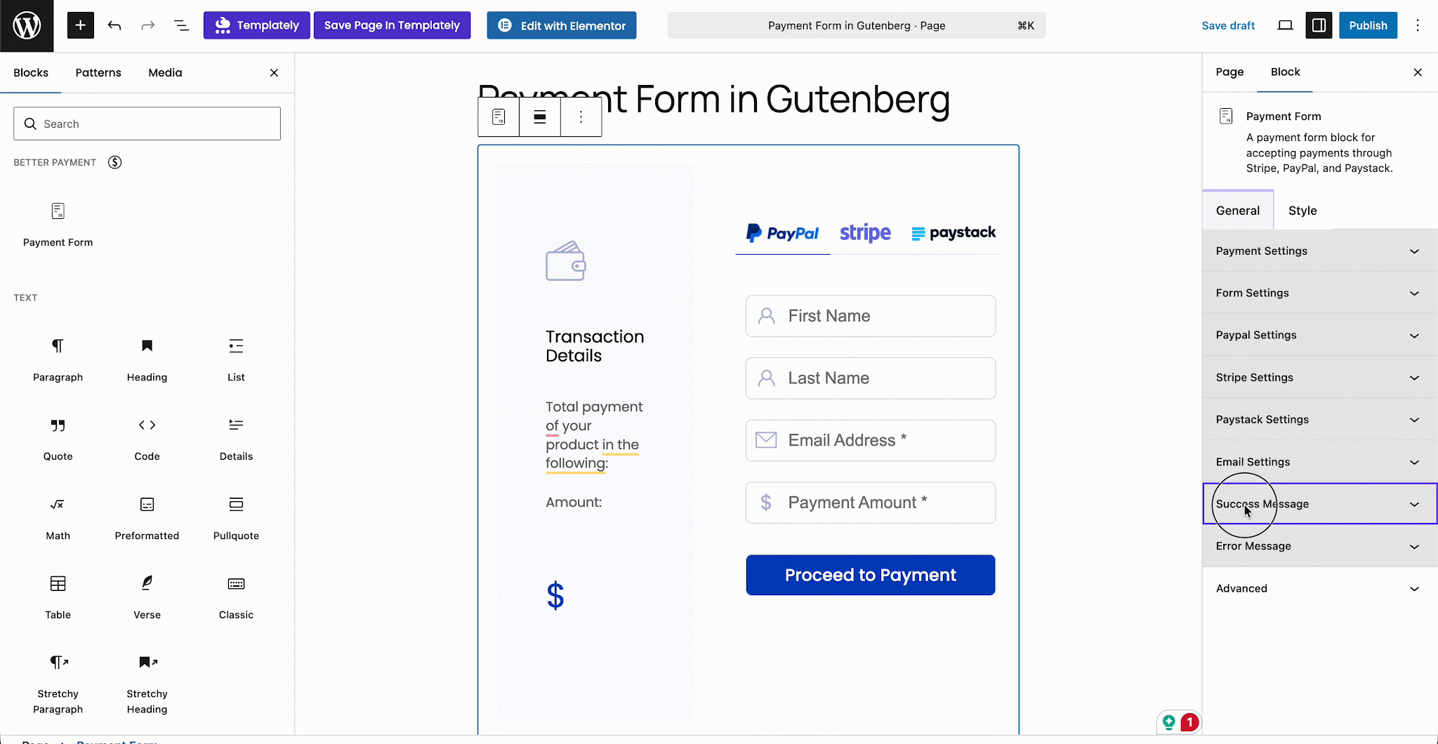 Gutenberg payment form